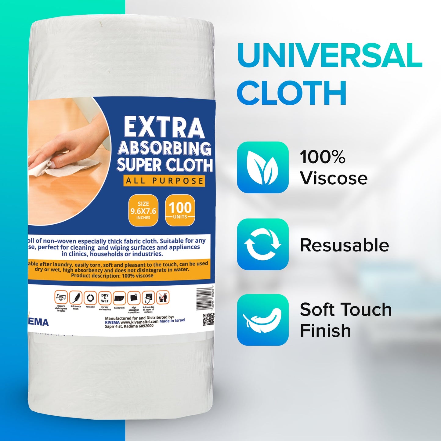 Multi-Purpose Cloth Roll - Reusable, Super Absorbent Cleaning Wipes for Home & Kitchen, 100% Viscose