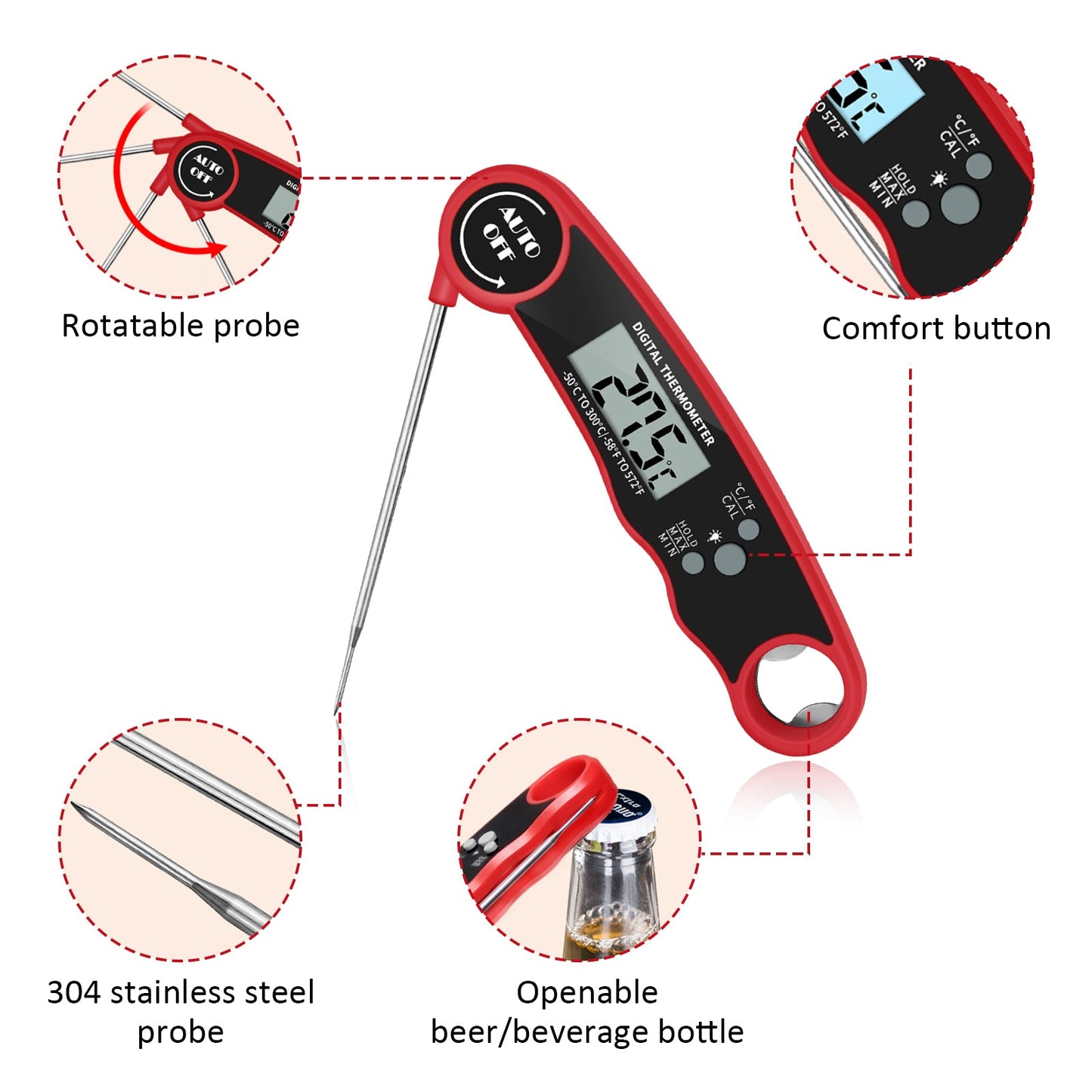 Digital Meat Thermometer for Cooking & Grilling Instant Read Food Thermometer with Backlight LCD & Foldable Desing