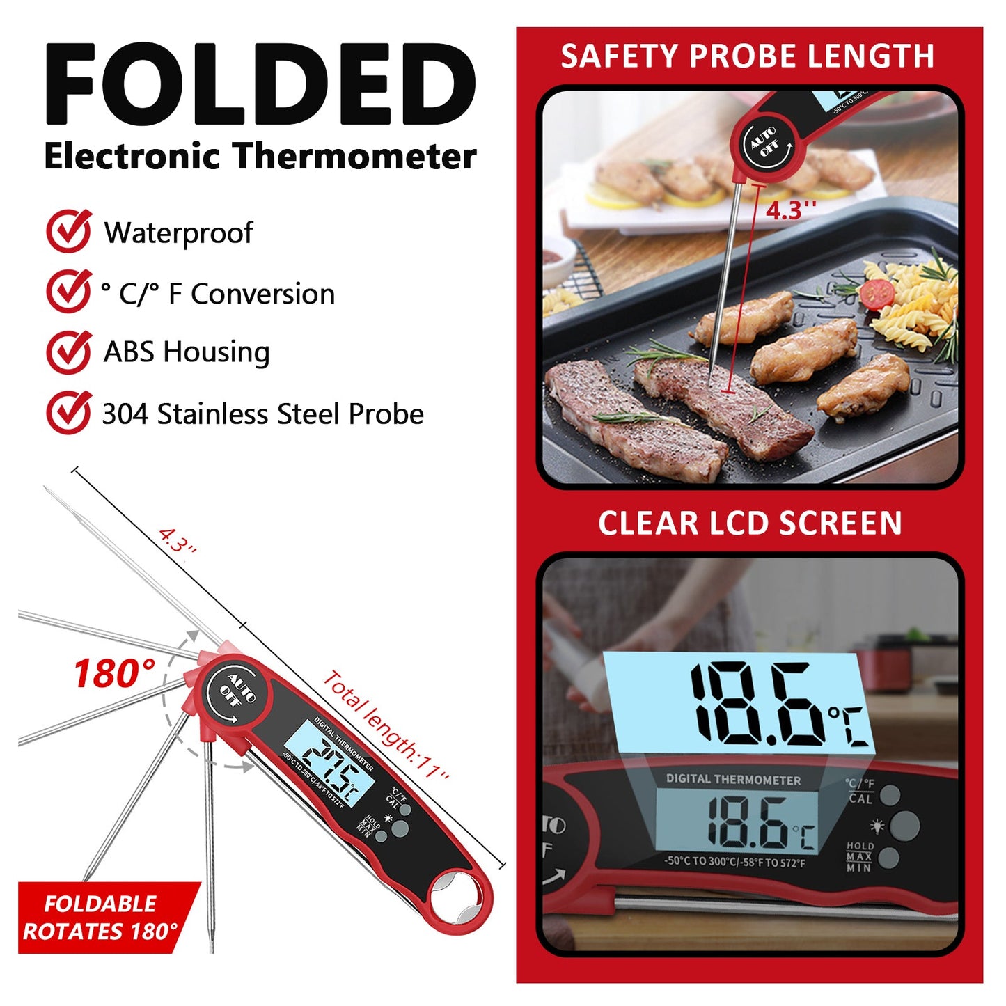 Digital Meat Thermometer for Cooking & Grilling Instant Read Food Thermometer with Backlight LCD & Foldable Desing