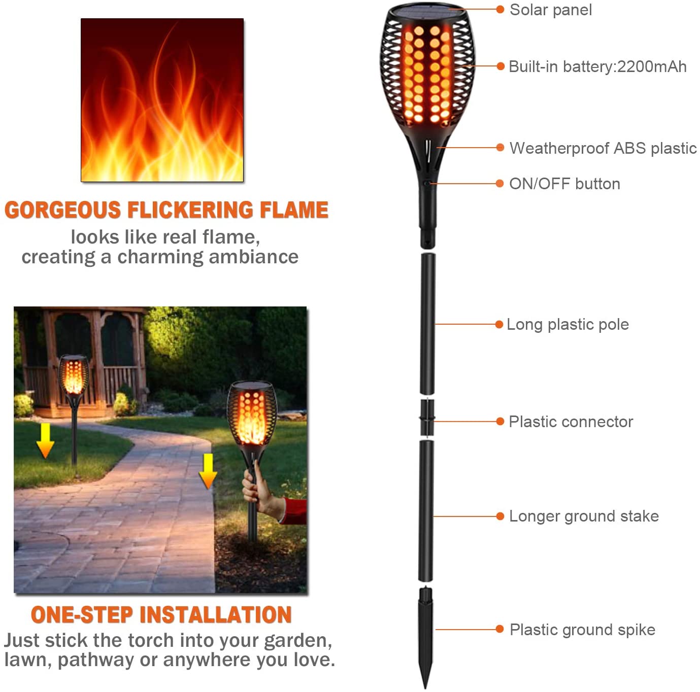 33 LED Outdoor Waterproof Solar Torch Lights with Realistic Flickering Flame