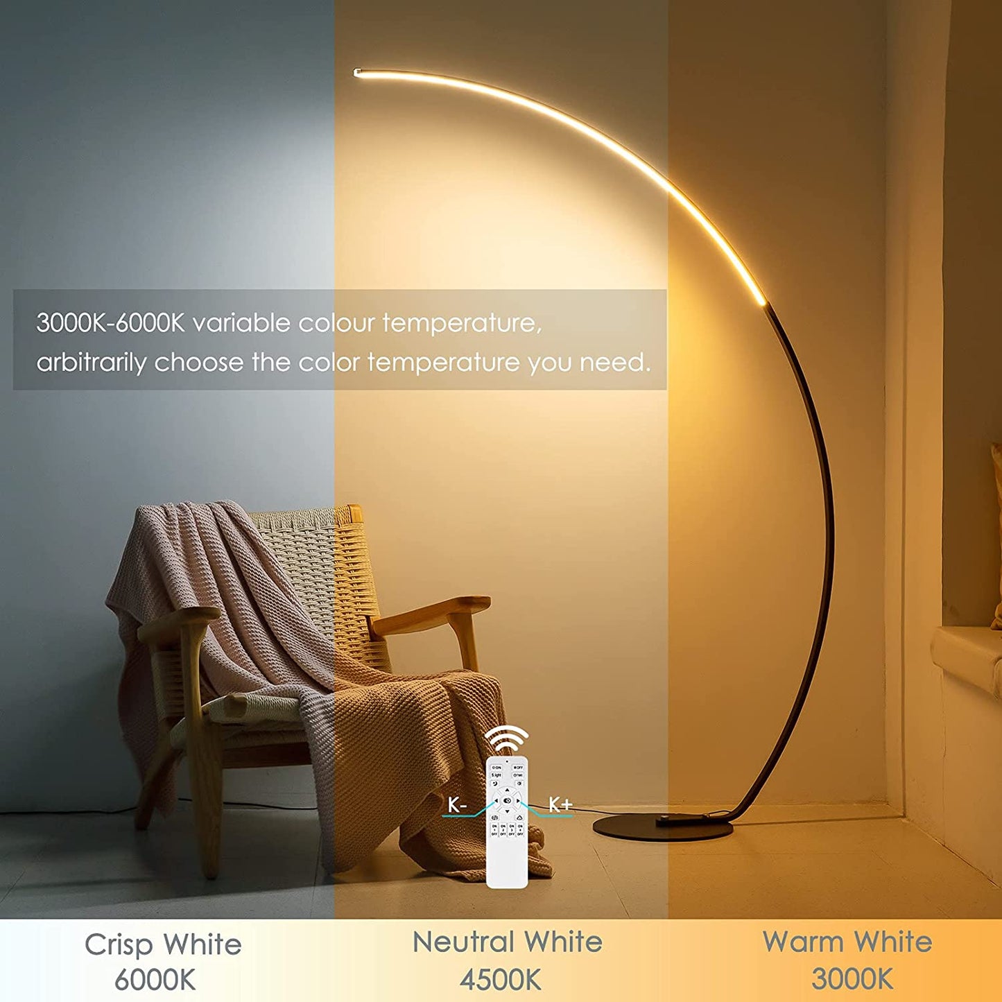 RGBW Modern Curve Floor Lamp with Remote Control - 16 Million  Colors & Dimmable, Ambient Lighting for Home Decor