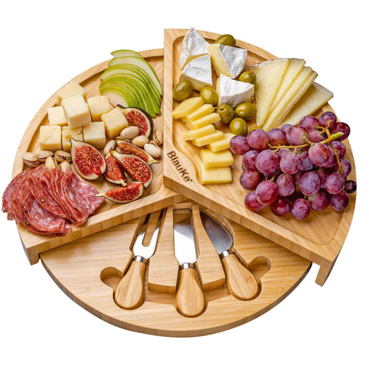 Bamboo Cheese Board and Knife Set - 14 Inch Charcuterie Board with Hidden Storage