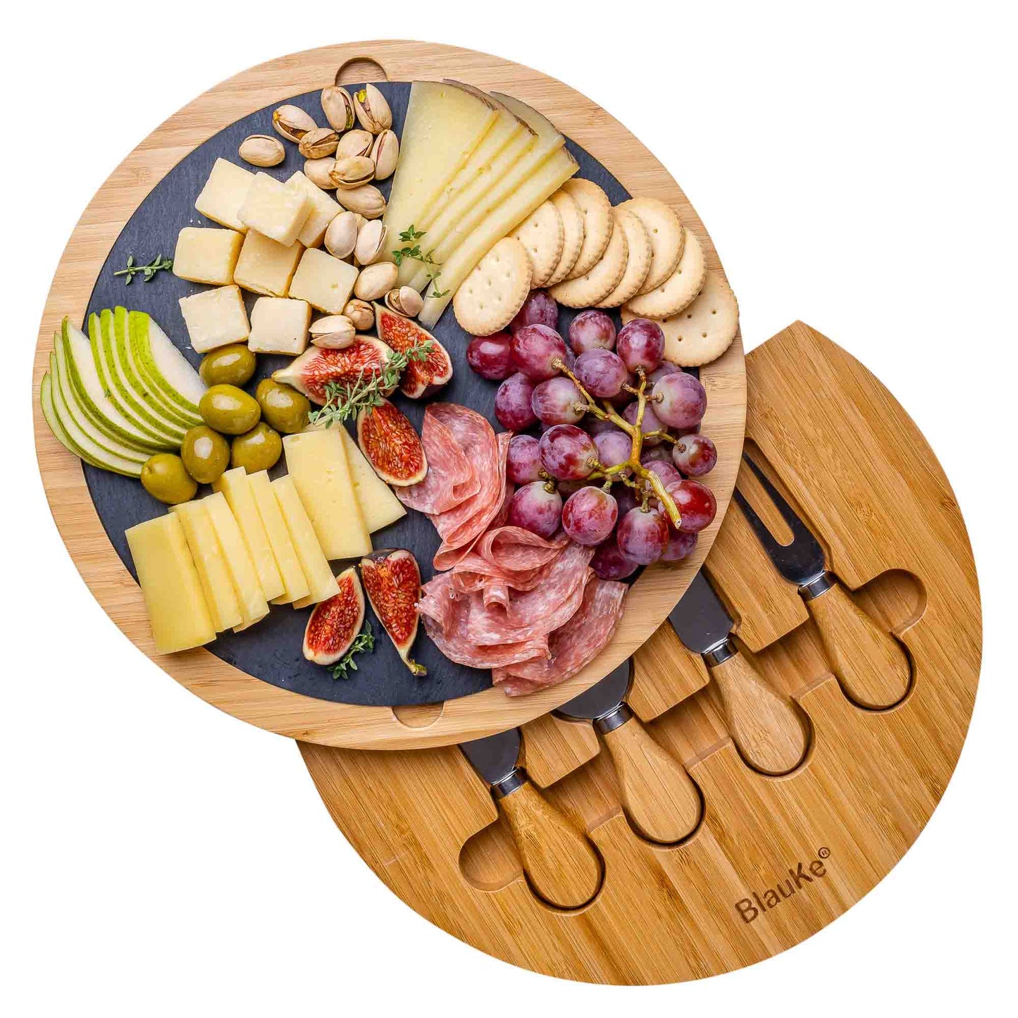 Round Bamboo Cheese Board with Knife Set and Removable Slate - 12" Charcuterie Platter for Entertaining