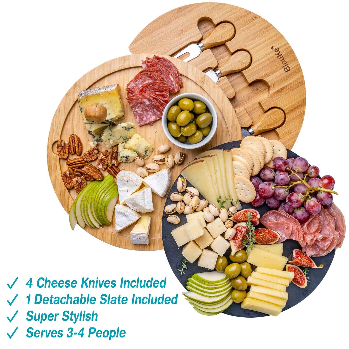 Round Bamboo Cheese Board with Knife Set and Removable Slate - 12" Charcuterie Platter for Entertaining