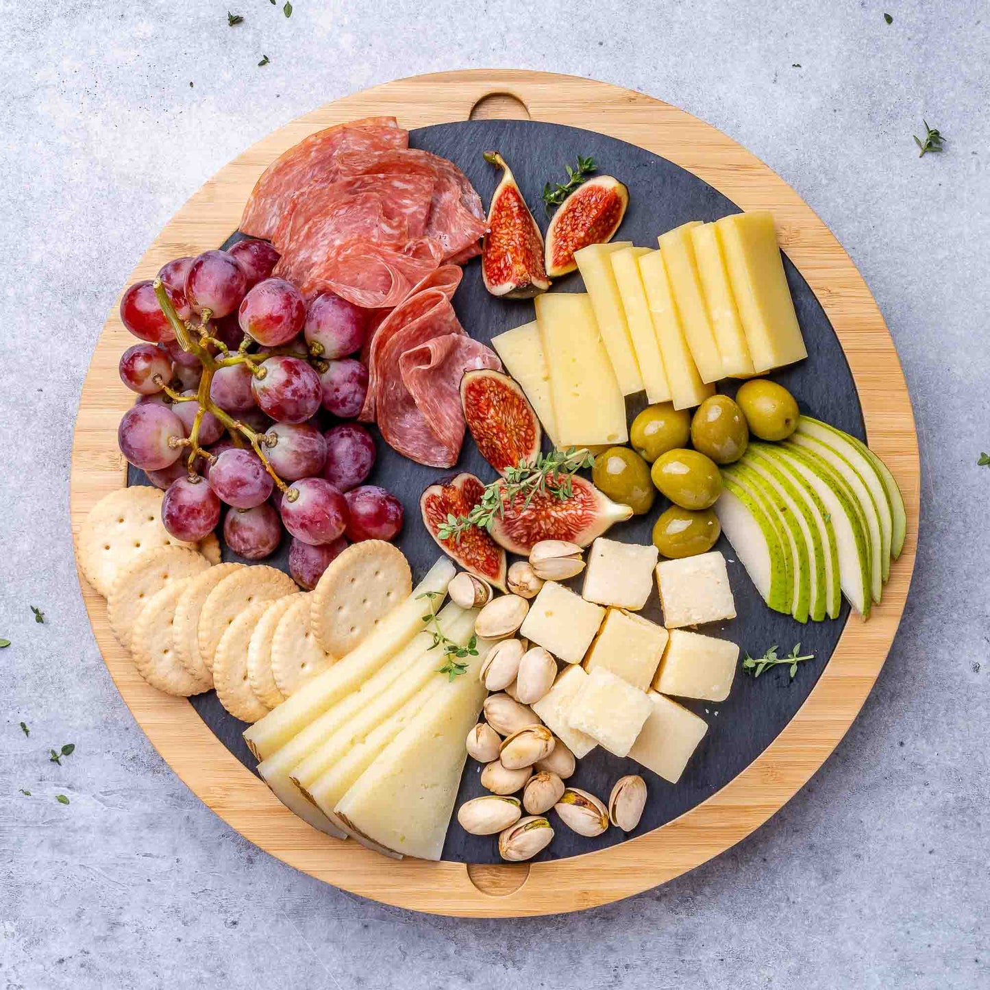 Round Bamboo Cheese Board with Knife Set and Removable Slate - 12" Charcuterie Platter for Entertaining