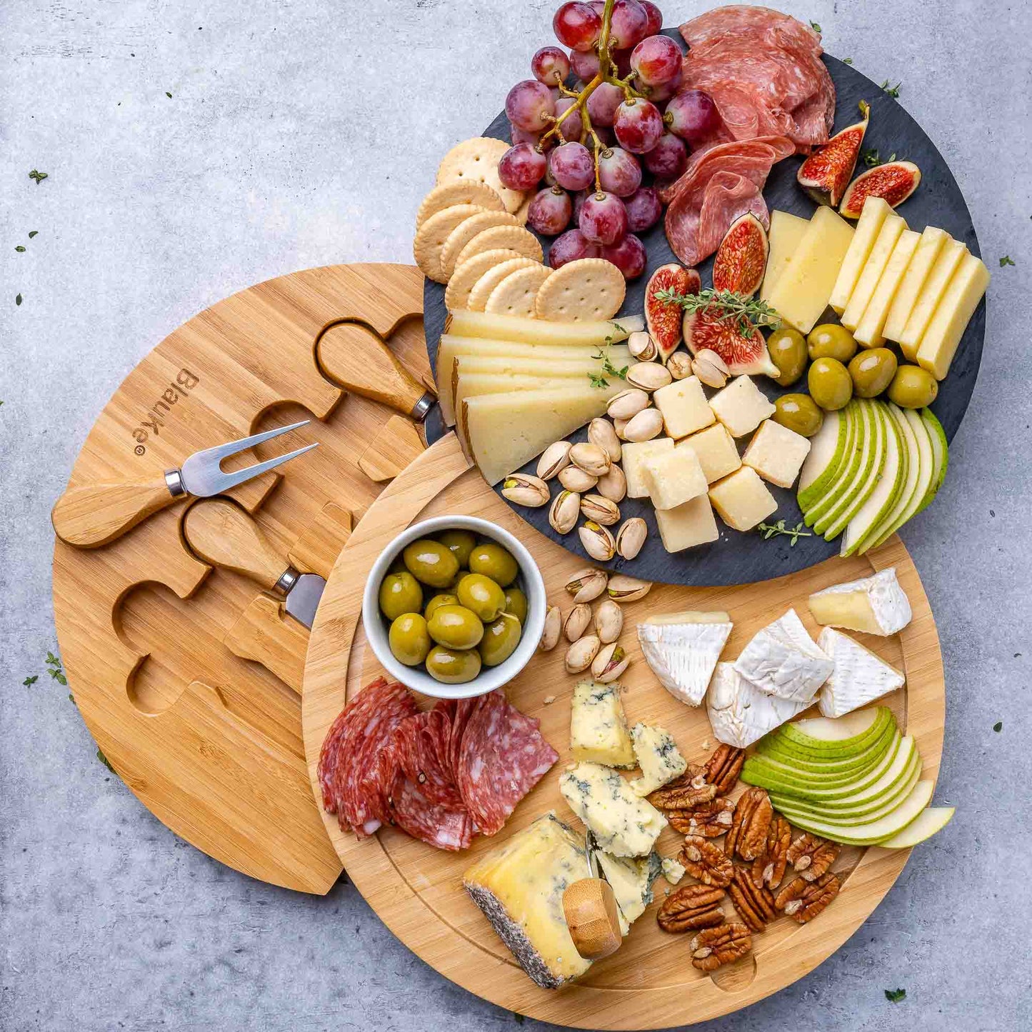 Round Bamboo Cheese Board with Knife Set and Removable Slate - 12" Charcuterie Platter for Entertaining