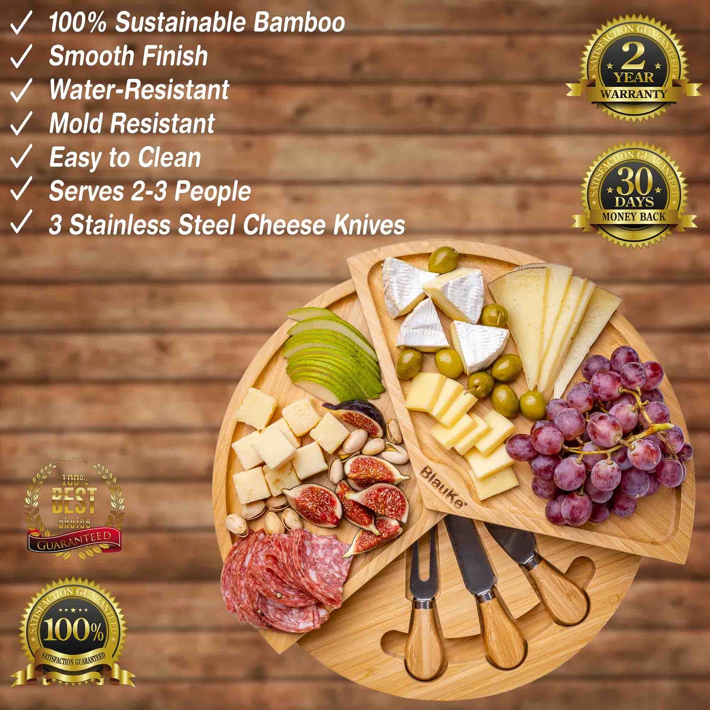 Bamboo Cheese Board and Knife Set - 14 Inch Charcuterie Board with Hidden Storage