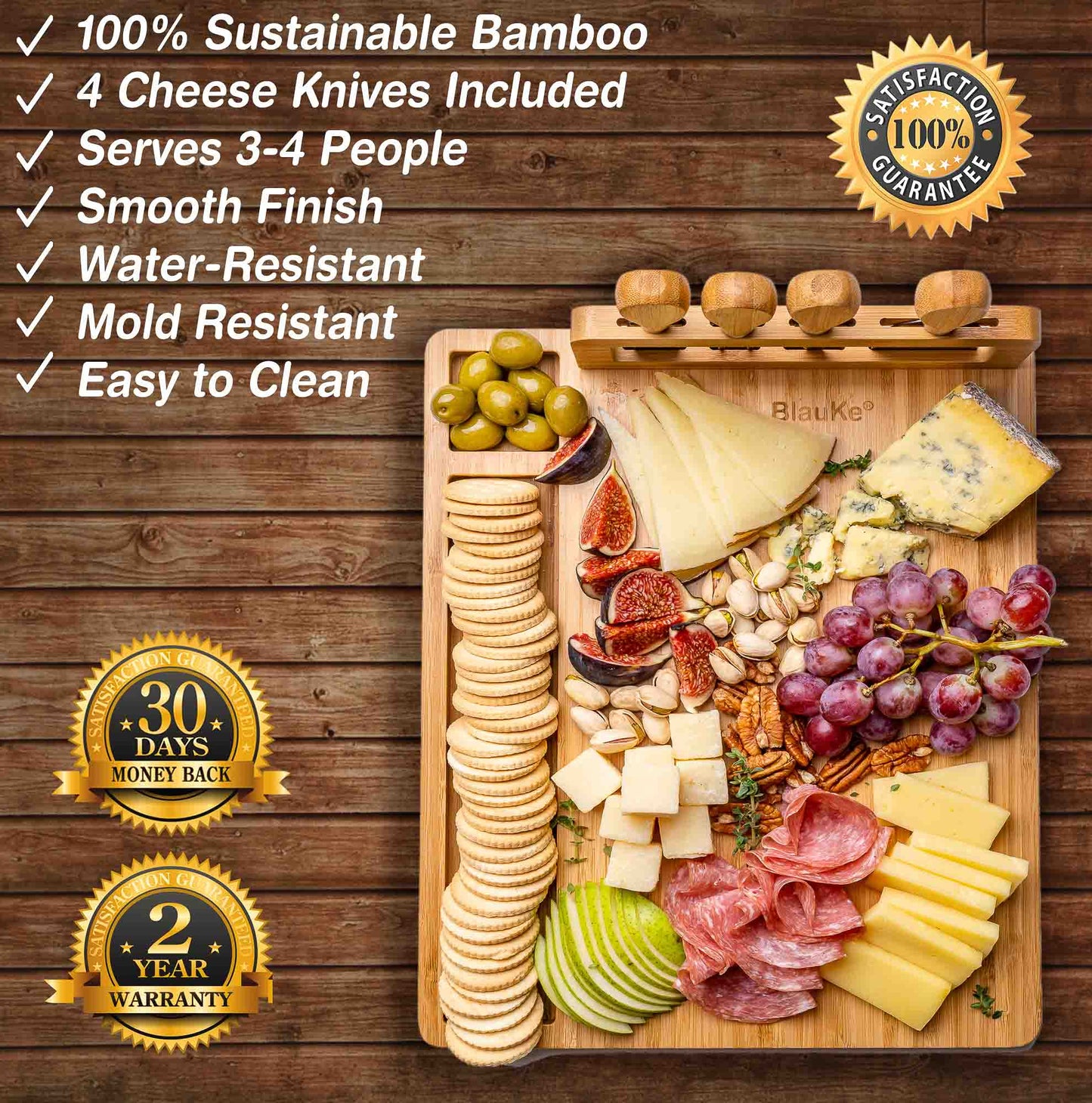 Premium Bamboo Cheese Board Set Charcuterie Platter with Cutlery & Serving Tools