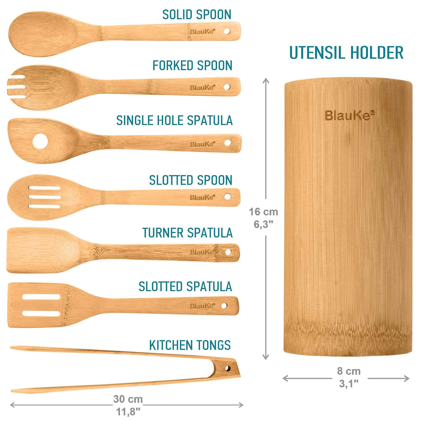 8-Pice Wooden Kitchen Utensils Set Eco-Friendly Cooking Tools with Holder