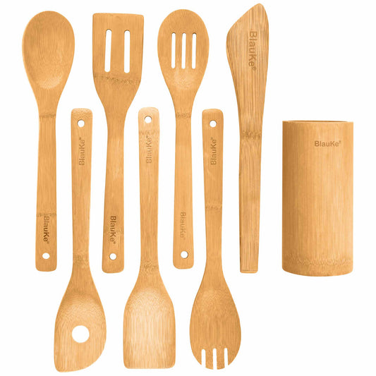 8-Pice Wooden Kitchen Utensils Set Eco-Friendly Cooking Tools with Holder