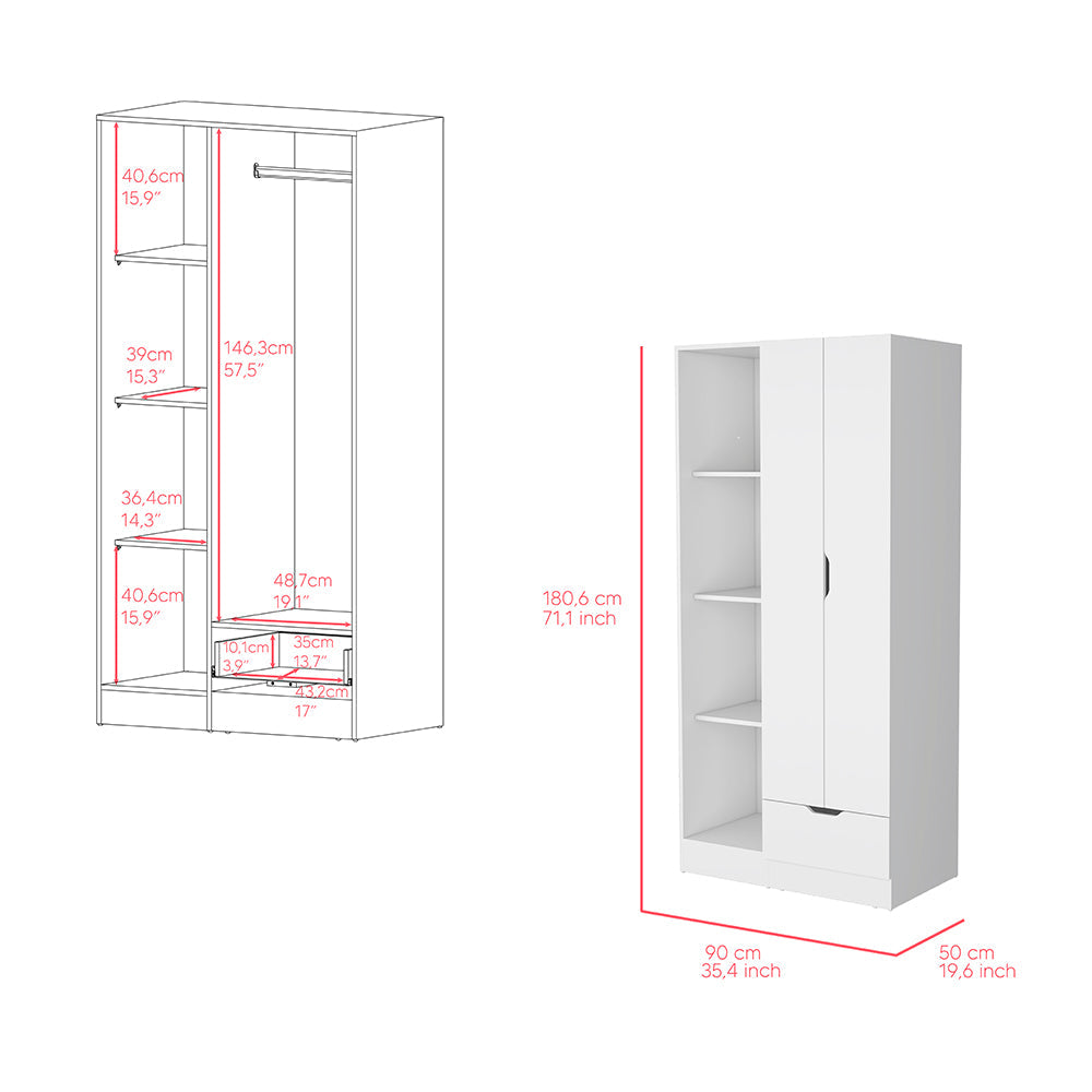 Dover Armoire with 4 Shelves, Drawer and Double Door - White