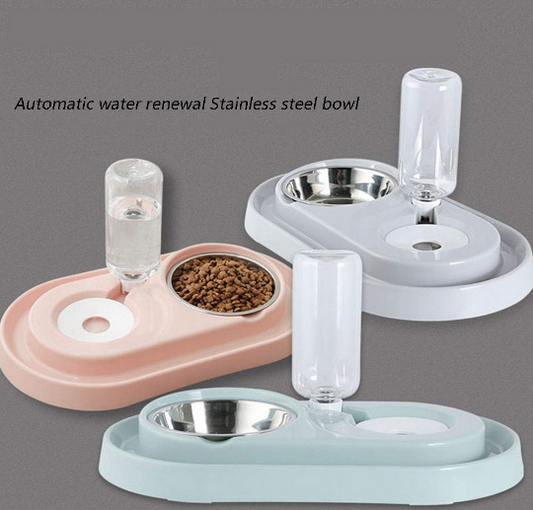 Stainless Steel Pet Bowls with Automatic Water Bottle - 2 in 1 Feeding Station