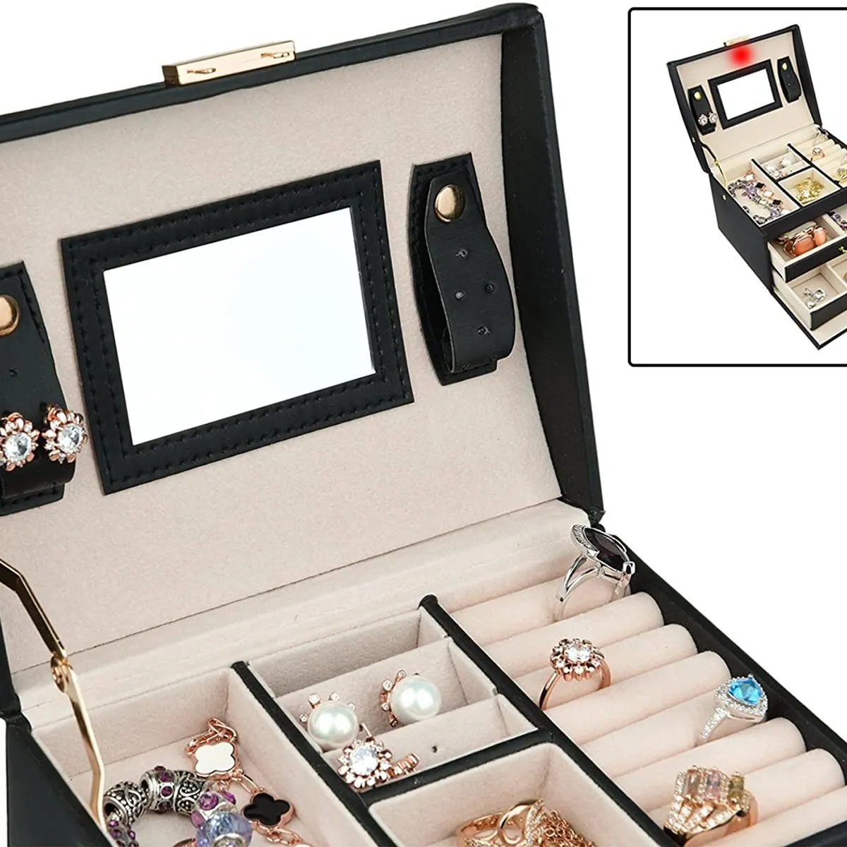 Leather Jewelry Box Organizer with Mirror - Multi-Funcional Case for Earrings, Rings and necklaces