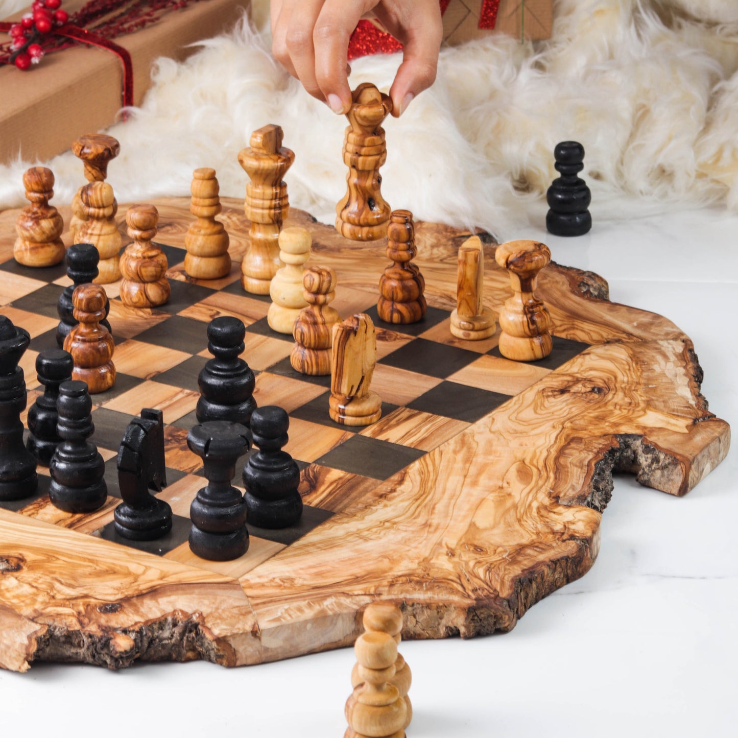 Handcrafted Olive Wood Chess Set with Natural Edges - Unique Home Decor and Gift