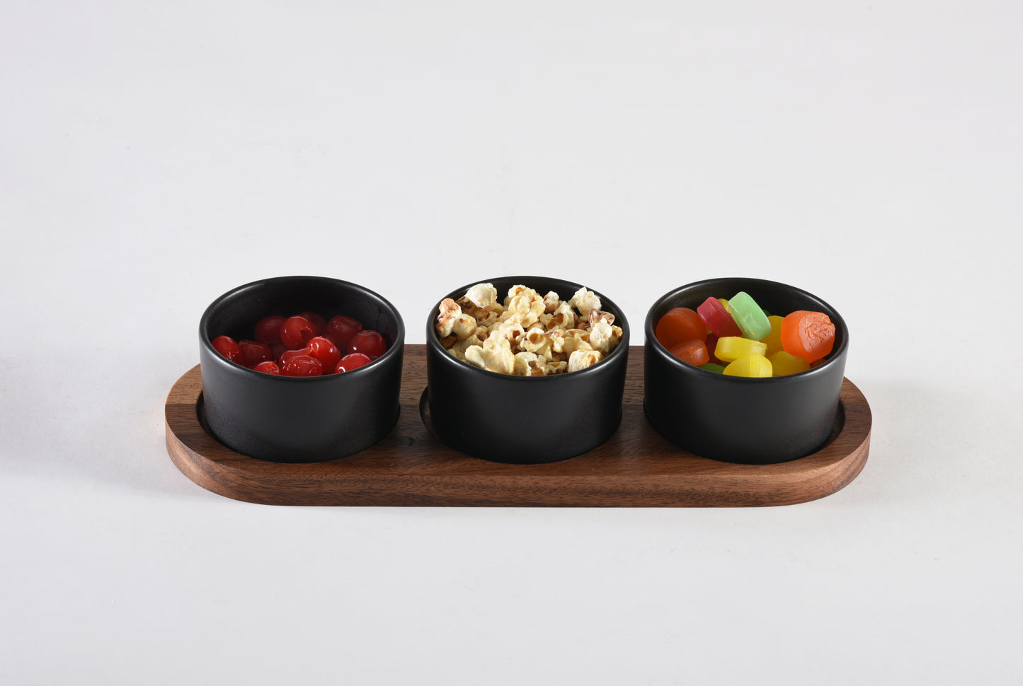 Black Ceramic Condiment Set with Acacia Wood Base - Elegant 13"x 3.75" Spice Jars