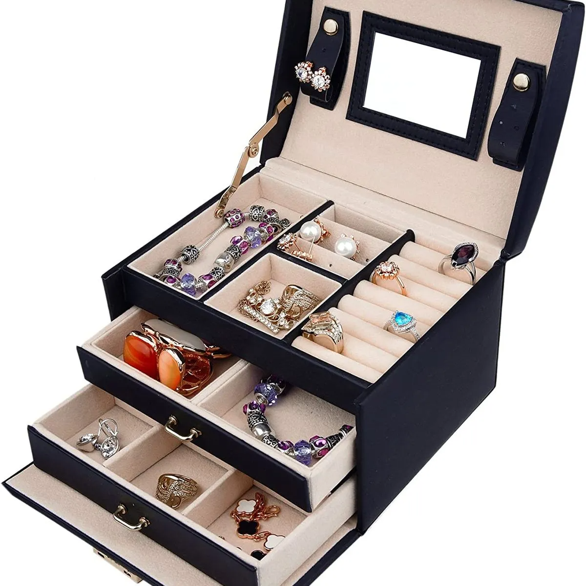 Leather Jewelry Box Organizer with Mirror - Multi-Funcional Case for Earrings, Rings and necklaces