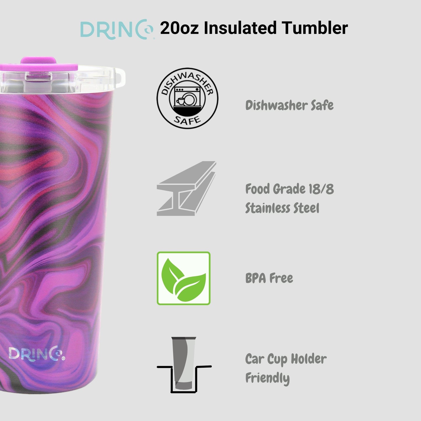 DRINCO® Seattle 20oz Insulated Tumbler Leakproof w/straw-Purple Swirl