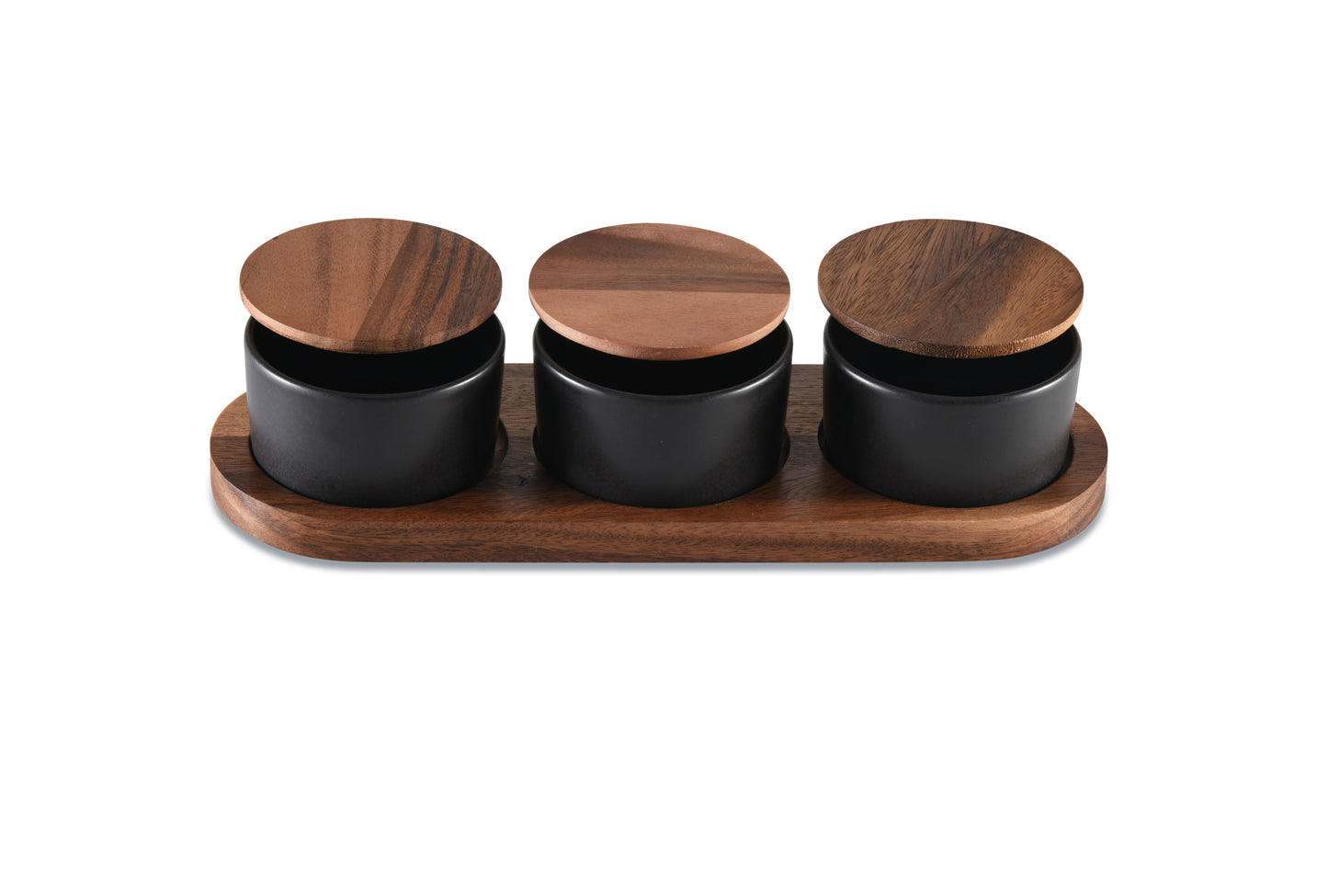 Black Ceramic Condiment Set with Acacia Wood Base - Elegant 13"x 3.75" Spice Jars