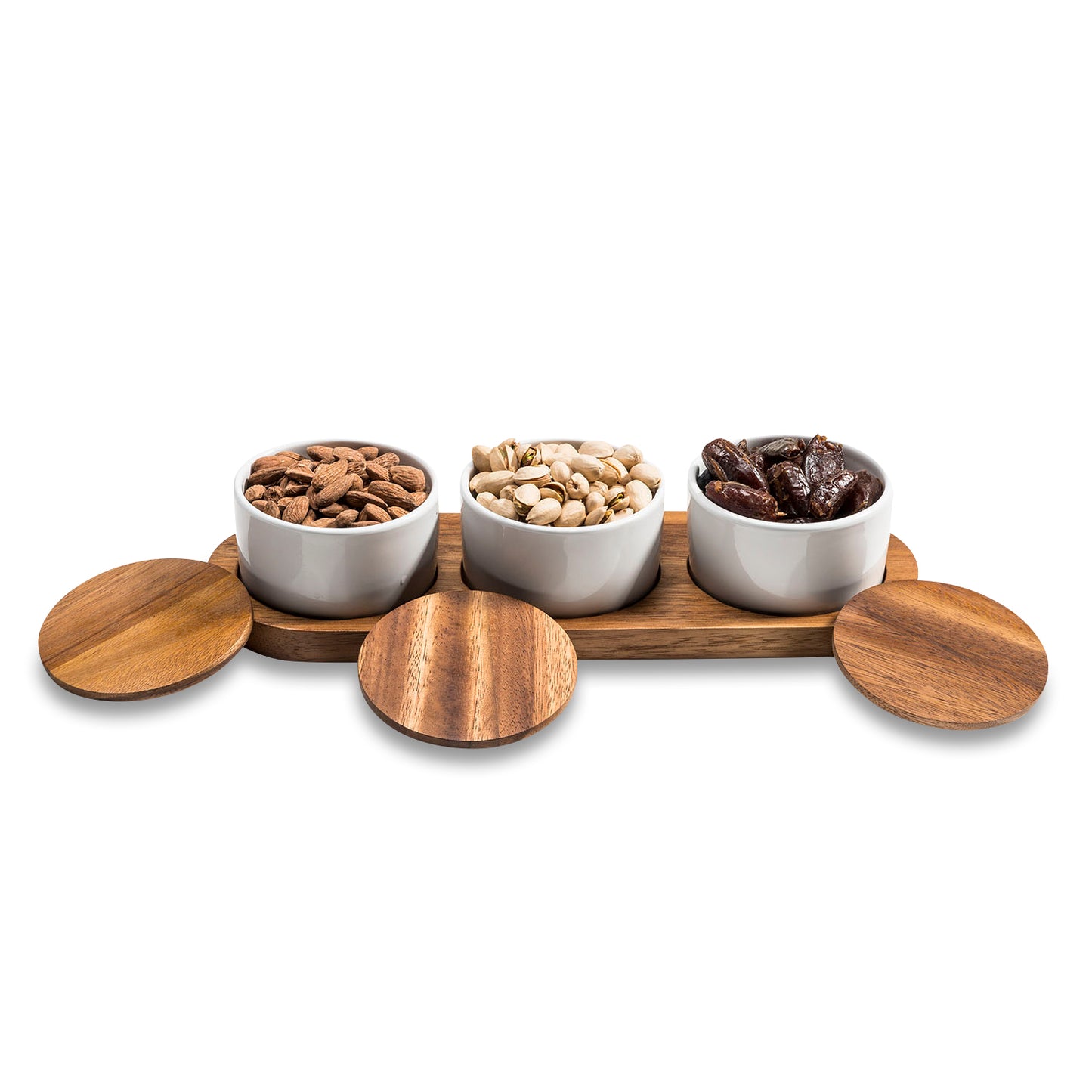 Ceramic Condiment Set on Acacia Wood Base - 13" x 3.75" Spice Jars