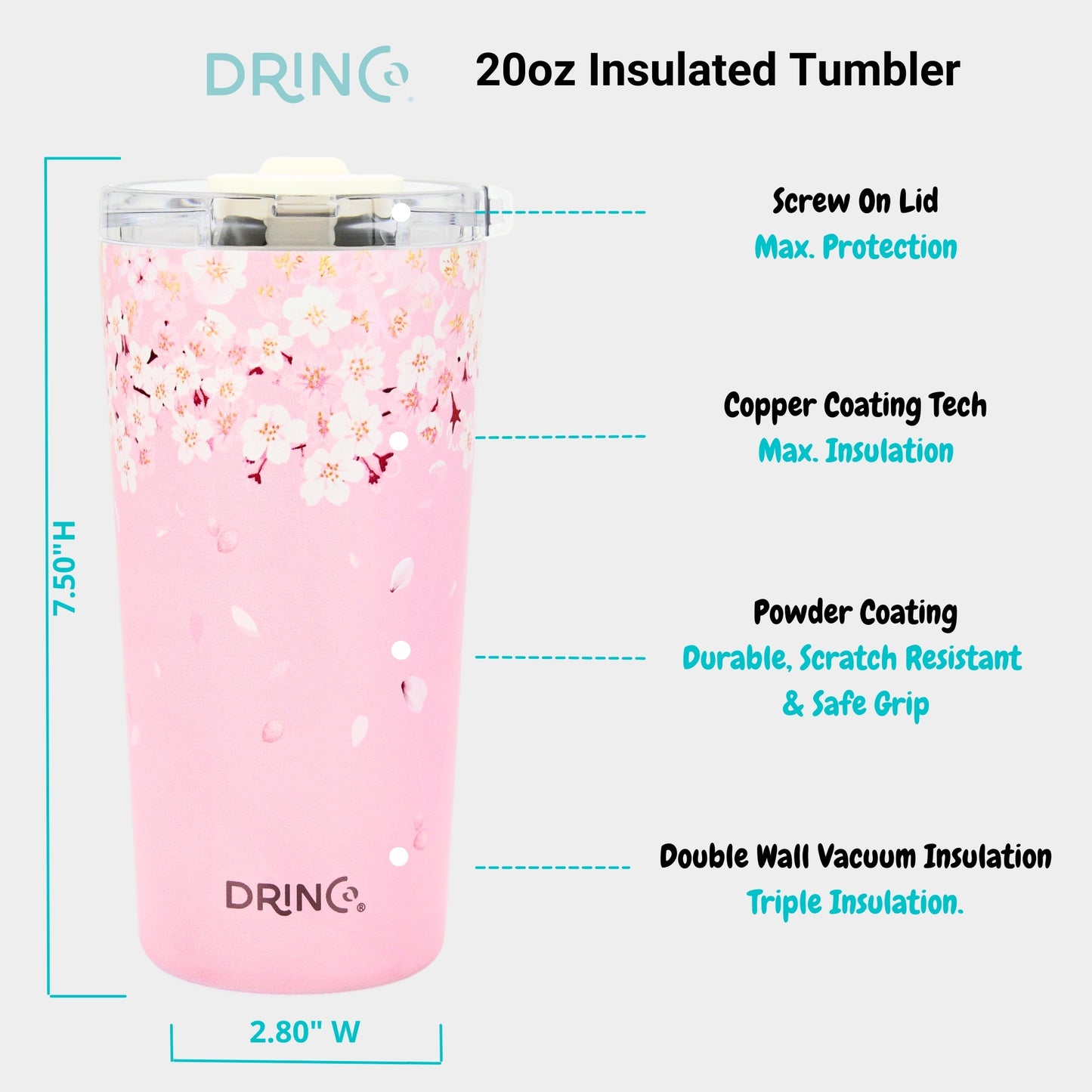 Vaso con aislamiento DRINCO® Seattle de 20 oz con tapa a prueba de derrames y pajita - Sakura