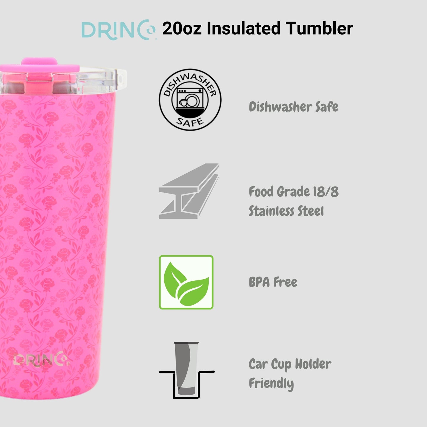 DRINCO® Seattle 20oz Insulated Tumbler -Pink Rose- Double - Wall Stainless Steel Drinkware