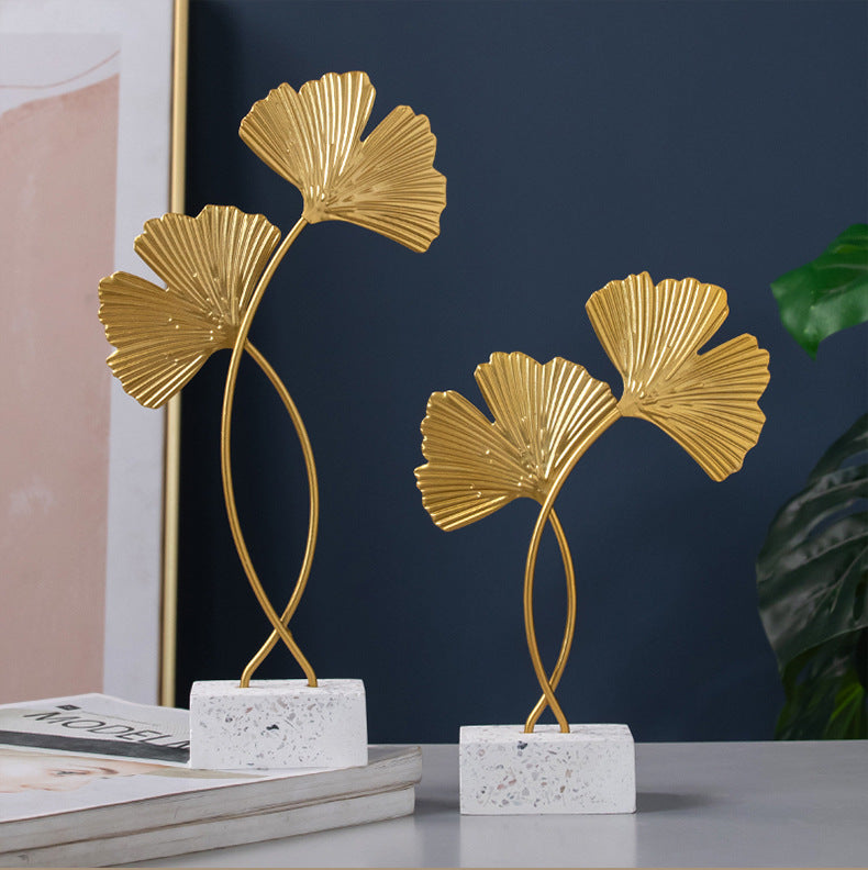 Nordic Marble Base Ginkgo & Turtle Leaf Metal Ornaments for Elegant Home Decor