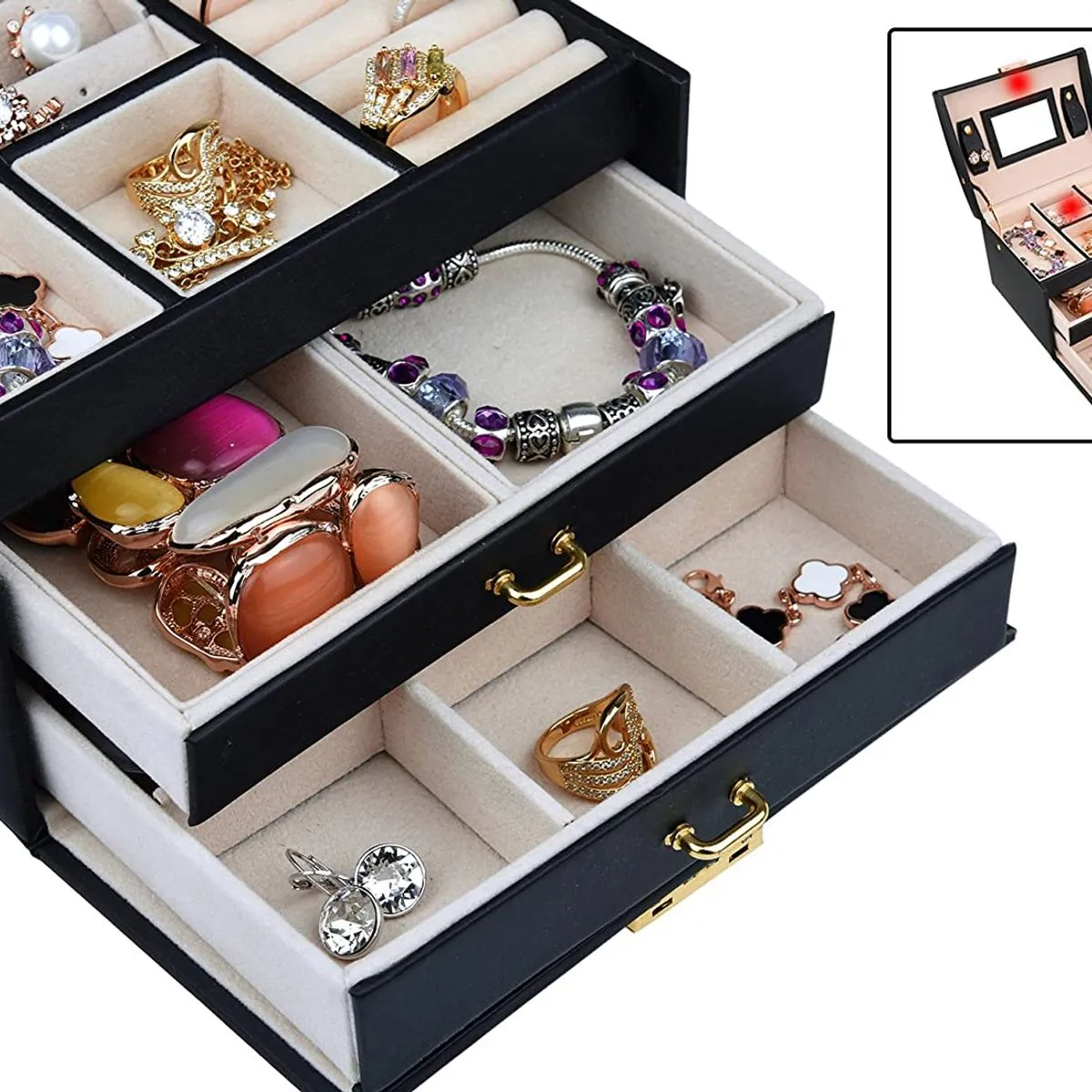 Leather Jewelry Box Organizer with Mirror - Multi-Funcional Case for Earrings, Rings and necklaces