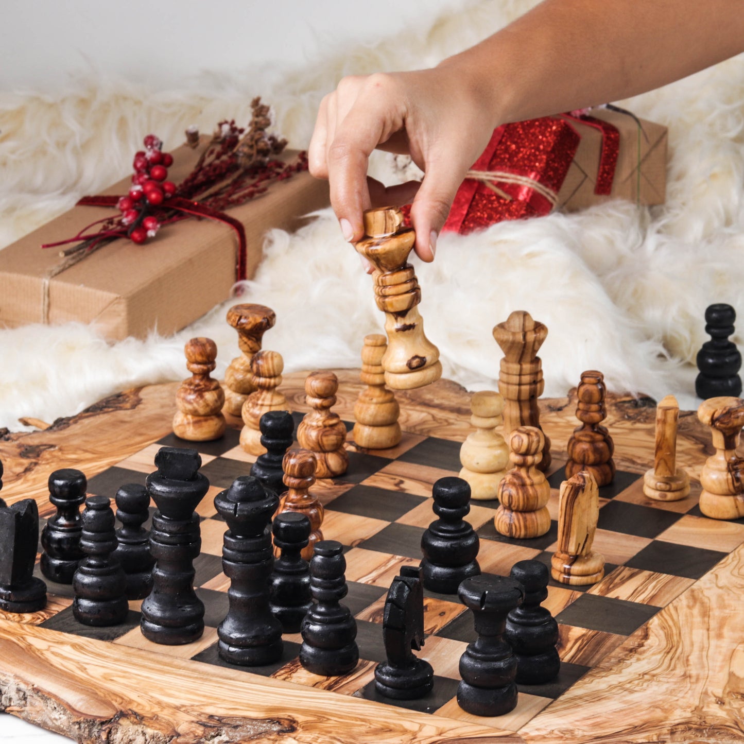 Handcrafted Olive Wood Chess Set with Natural Edges - Unique Home Decor and Gift