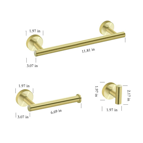 Golden 3-Piece Bathroom Hardware Set - Modern Towel Rack, Toilet Paper Holder & Hook