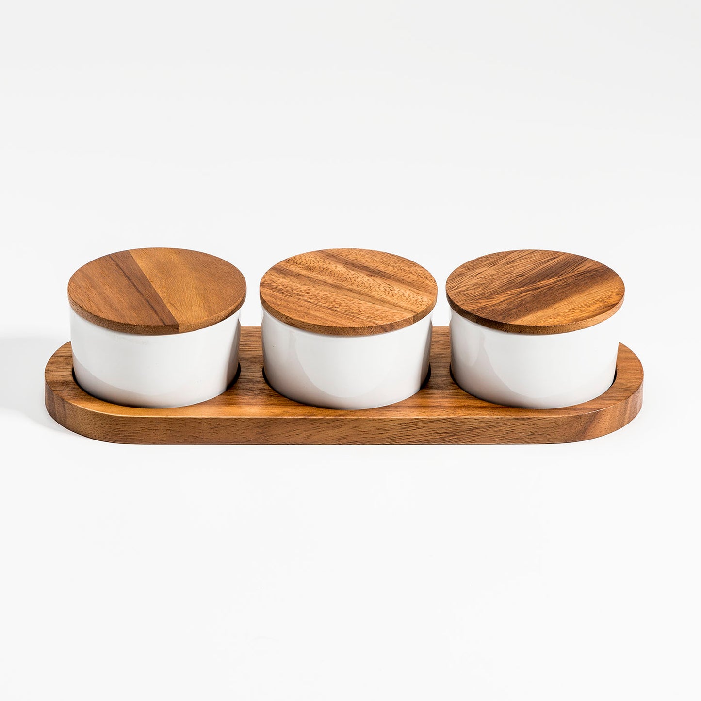 Ceramic Condiment Set on Acacia Wood Base - 13" x 3.75" Spice Jars