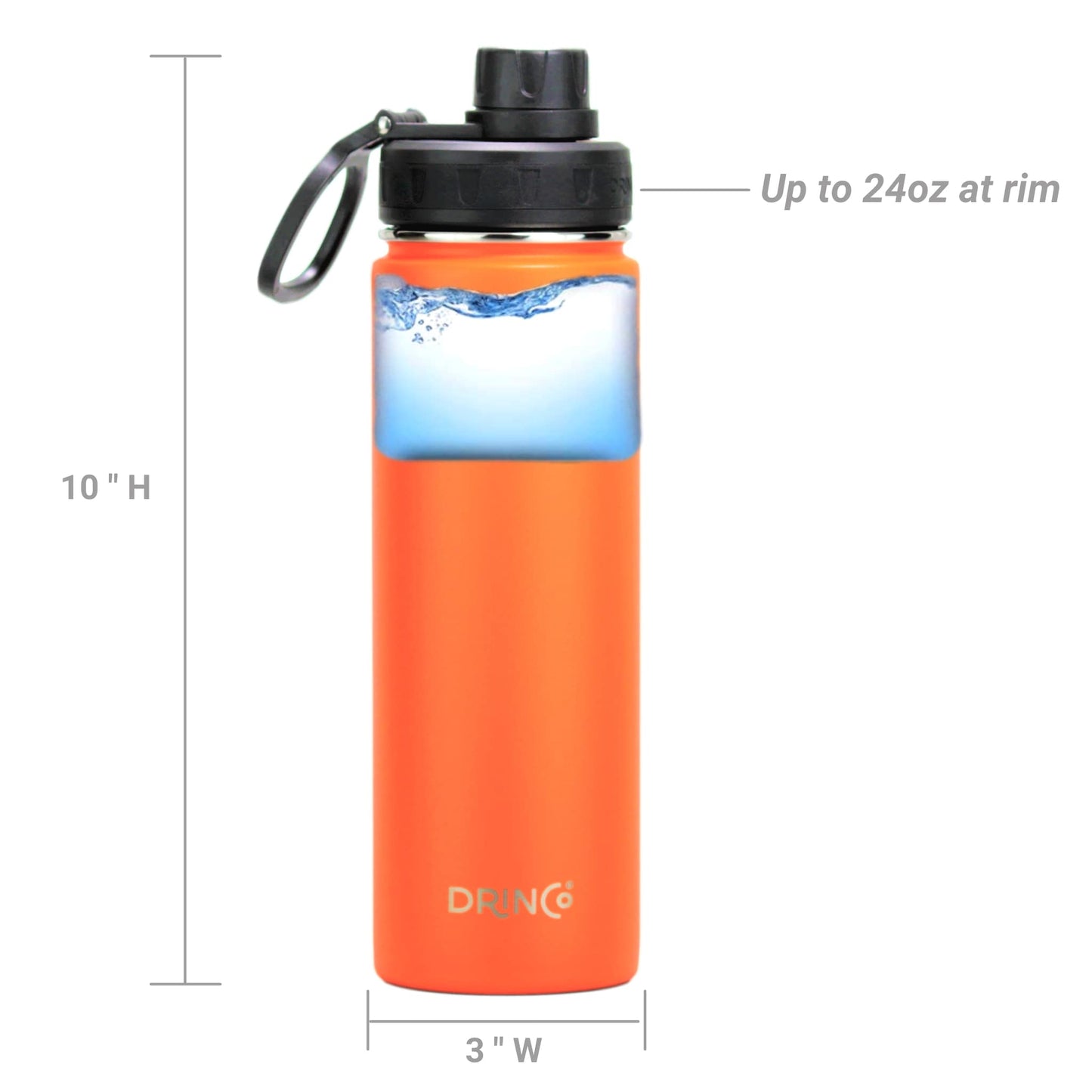 DRINCO® 22oz Stainless Steel Sport Water Bottle - Orange- Double- Wall Insulated for Hot & Cold Drinks