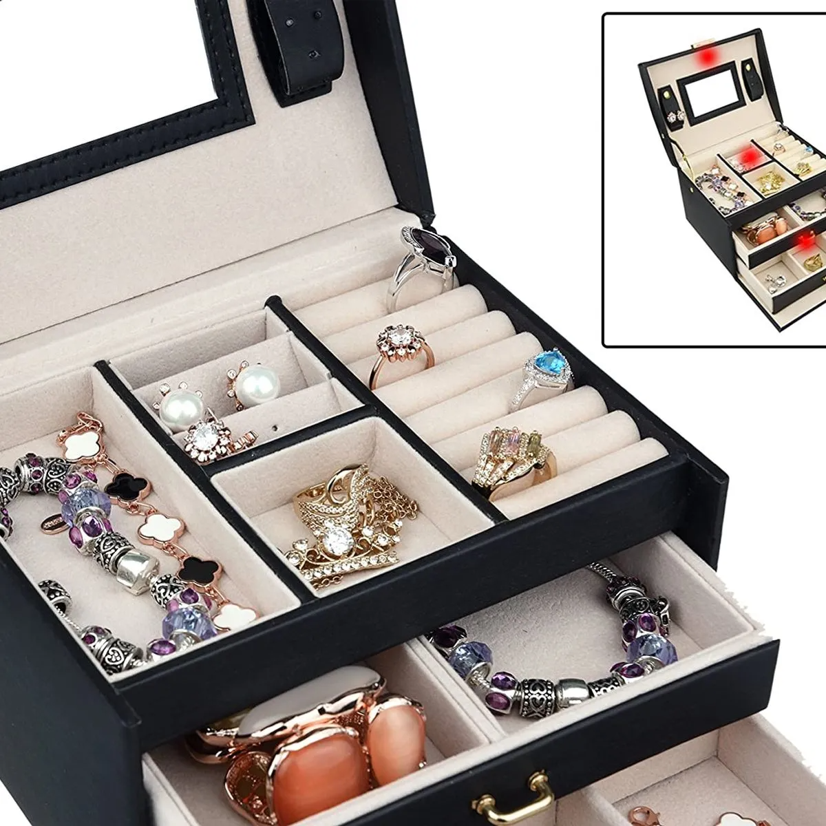 Leather Jewelry Box Organizer with Mirror - Multi-Funcional Case for Earrings, Rings and necklaces