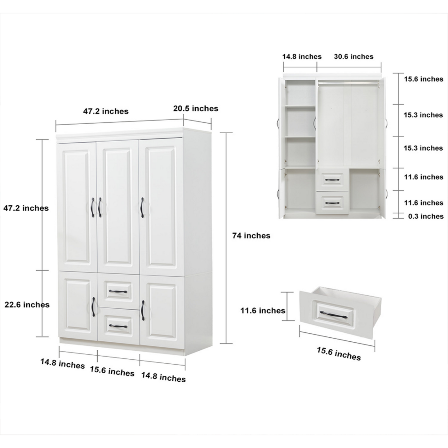 Elegant YG-7 Closet Wardrobe 3 Doors, 2 Drawers, and Shelves