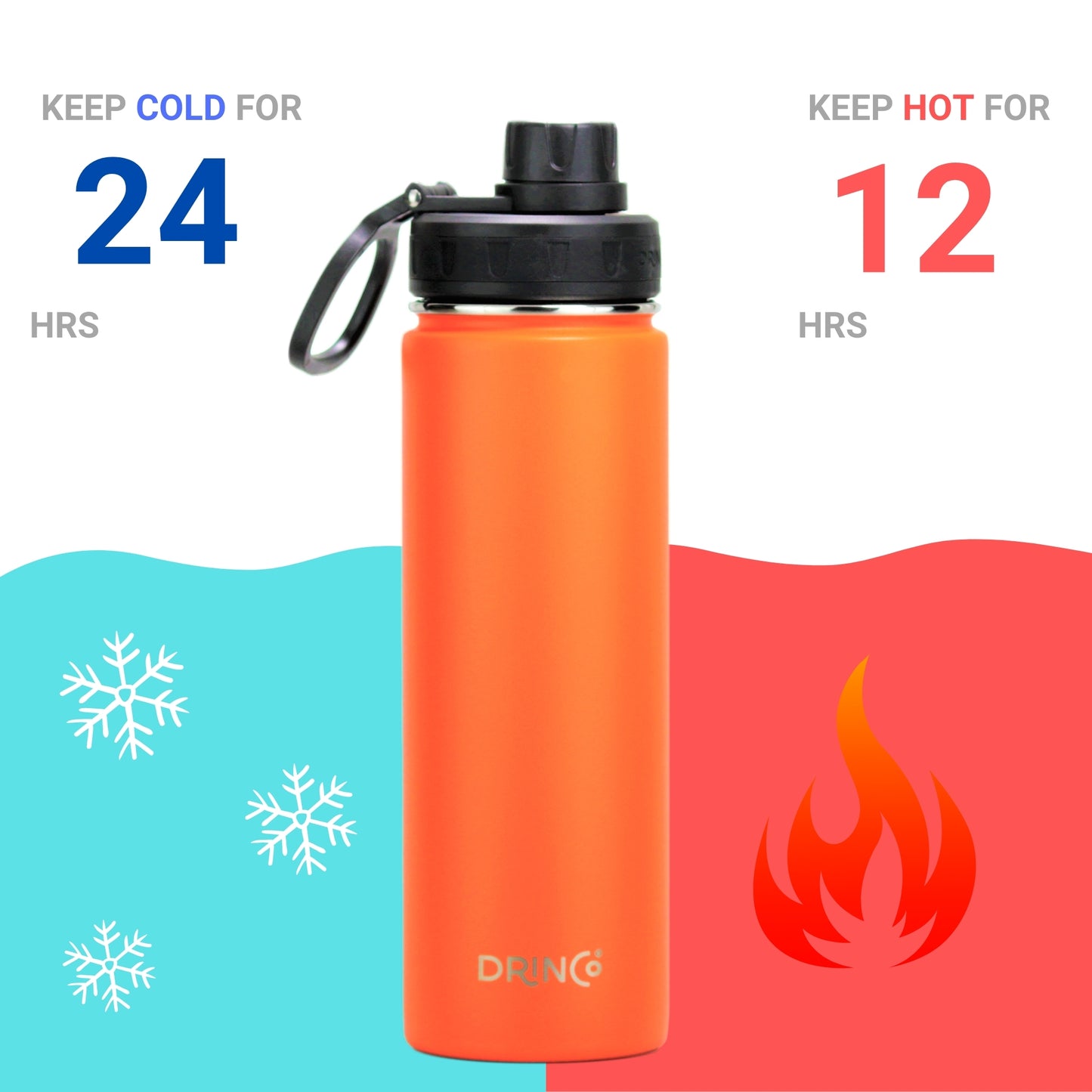 DRINCO® 22oz Stainless Steel Sport Water Bottle - Orange- Double- Wall Insulated for Hot & Cold Drinks