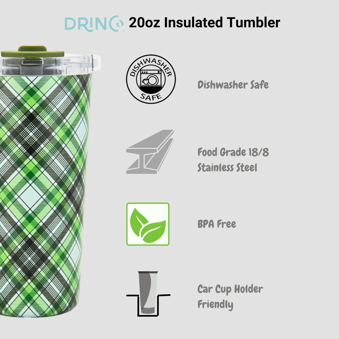 DRINCO® Seattle 20oz Insulated Tumbler Leakproof w/straw-Ireland Plaid