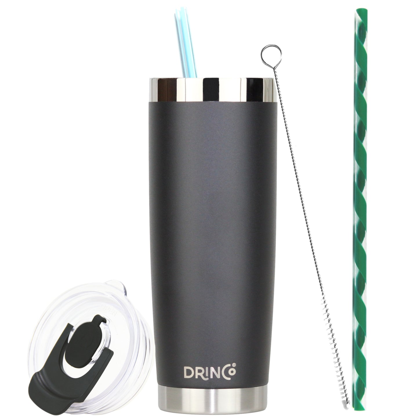 DRINCO®  20oz Insulated Tumbler w/Spill Proof Lid, 2 Straws(Black) Ideal for Hot & Cold Drinks