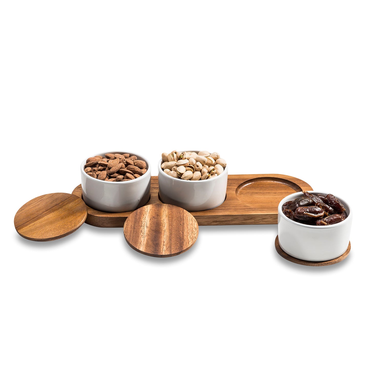 Ceramic Condiment Set on Acacia Wood Base - 13" x 3.75" Spice Jars