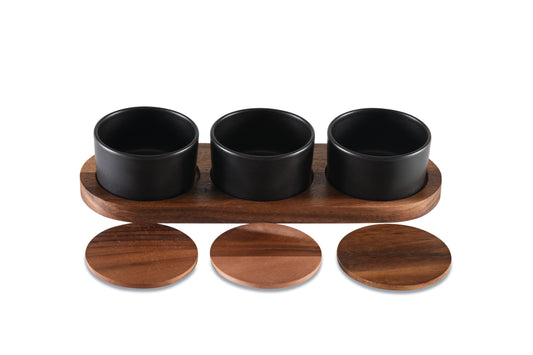 Black Ceramic Condiment Set with Acacia Wood Base - Elegant 13"x 3.75" Spice Jars