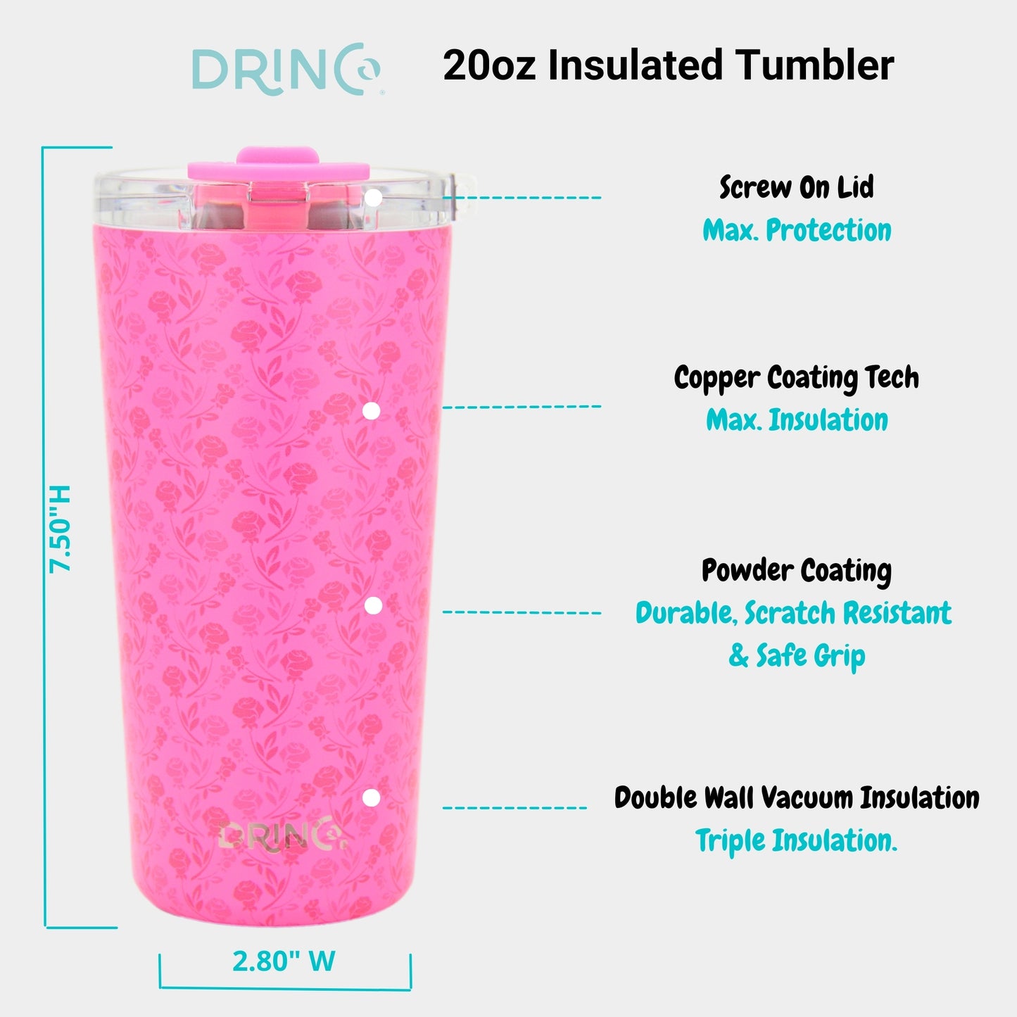 DRINCO® Seattle 20oz Insulated Tumbler -Pink Rose- Double - Wall Stainless Steel Drinkware