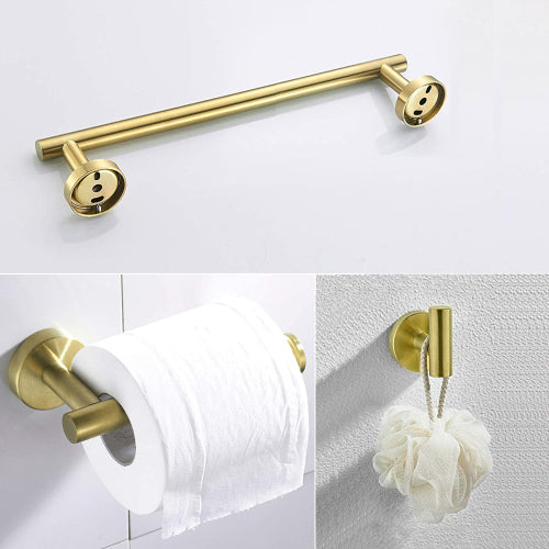 Golden 3-Piece Bathroom Hardware Set - Modern Towel Rack, Toilet Paper Holder & Hook