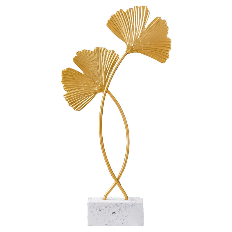 Nordic Marble Base Ginkgo & Turtle Leaf Metal Ornaments for Elegant Home Decor