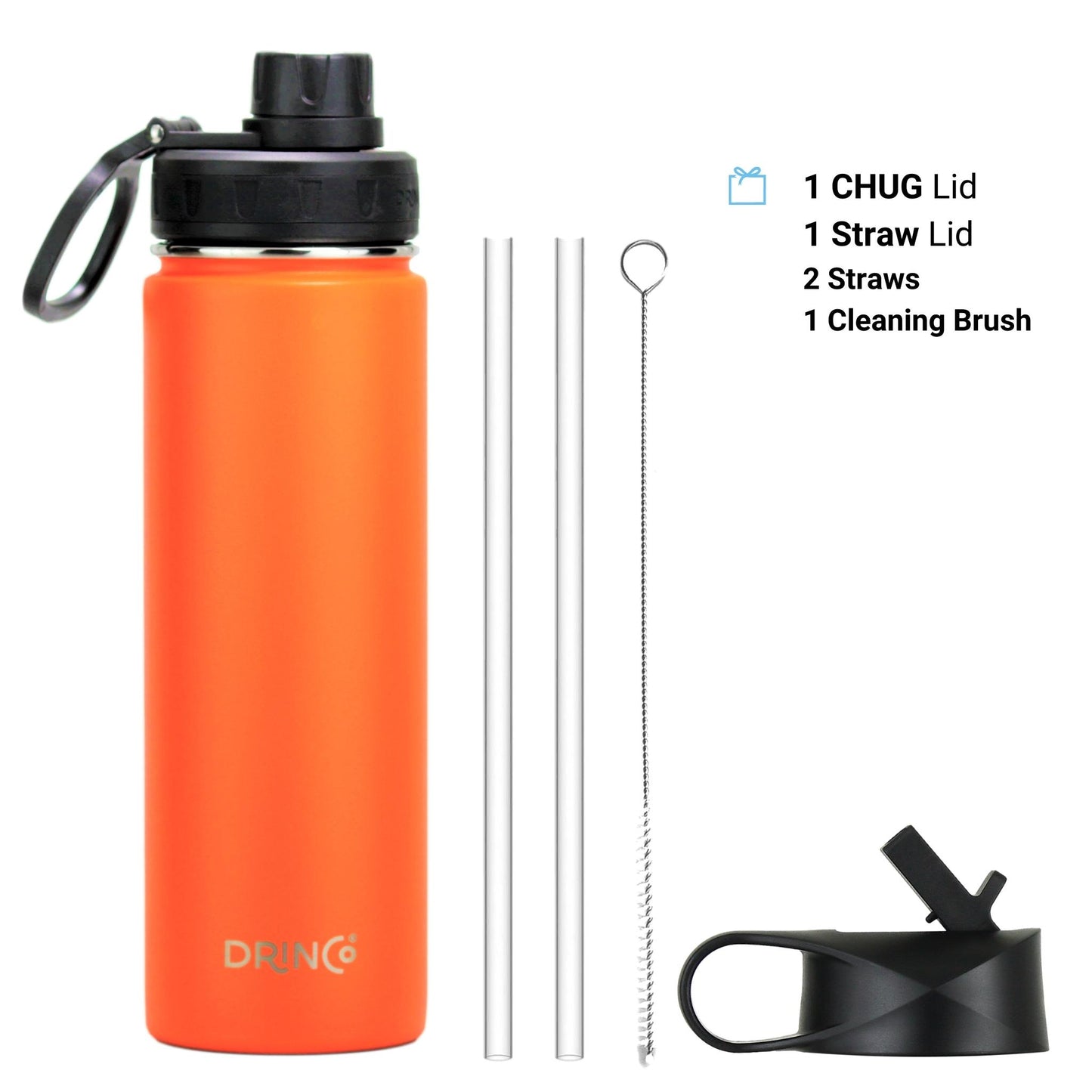 DRINCO® 22oz Stainless Steel Sport Water Bottle - Orange- Double- Wall Insulated for Hot & Cold Drinks